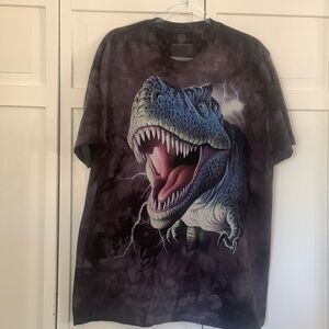 VTG. THE MOUNTAIN SHIRT. Black tie-dye, dinosaur, lightning. XL.RN # 96926 USA.